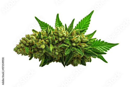 A vibrant green cannabis bud with textured calyxes and prominent leaves, showcasing its rich coloration and intricate details.
