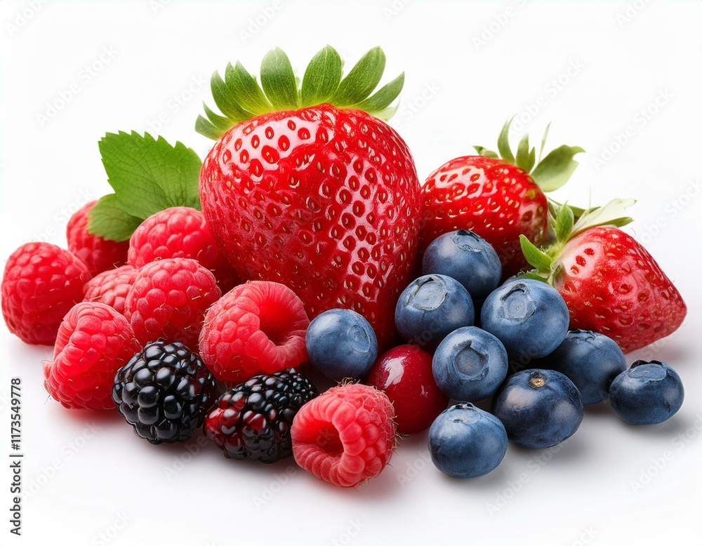 assorted berries including strawberries raspberries and blueberries isolated white background assorted berries including strawberries raspberries and blueberries isolated white background