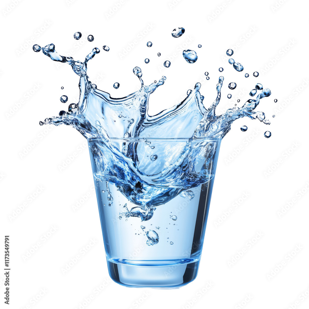 A glass filled with water splashing as an object creates dynamic movement with droplets and waves. A glass filled with water splashing as an object creates dynamic movement with droplets and waves.