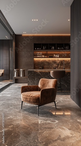 Modern brown armchair in luxury apartment interior.