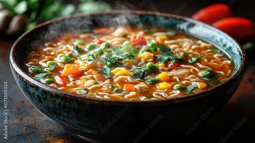 Steaming bowl of vegetable noodle soup. Steaming bowl of vegetable noodle soup.