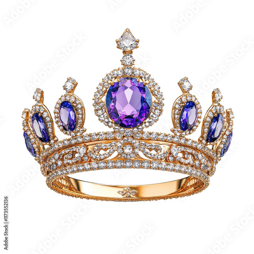 An ornate crown adorned with purple gemstones and sparkling diamonds, showcasing intricate design and luxurious elegance.