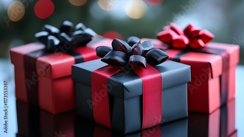 Red and black gift boxes with silky black and red ribbons, placed on a reflective surface with a soft background, captured in stunning detail. photo