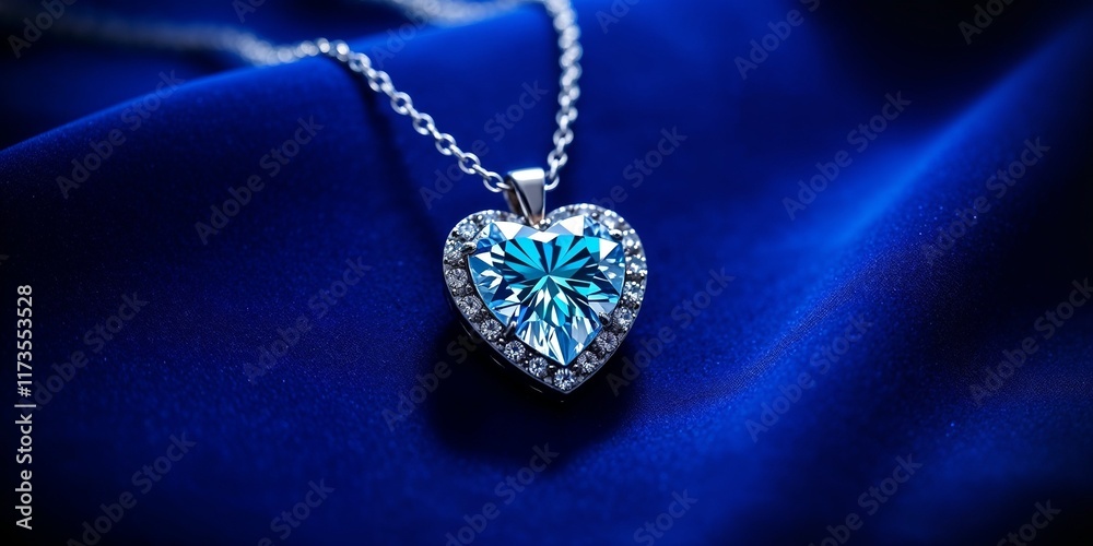 Heart-Shaped Blue Diamond Necklace on Blue Fabric

