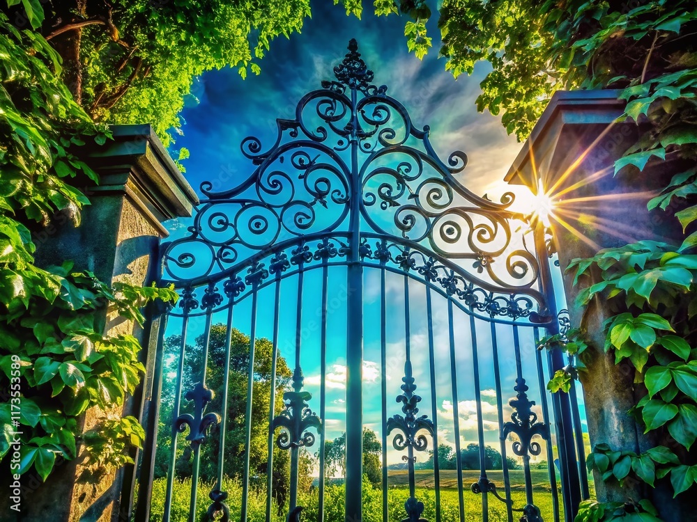 Fototapeta premium Silhouette of Locked Iron Gate and Garden - Mysterious Green Haven
