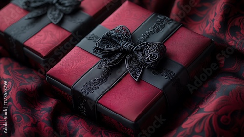 Red and black wrapped boxes with intricate ribbon ties, arranged neatly on a soft fabric with a light bokeh effect, realistic high-definition photo.  photo