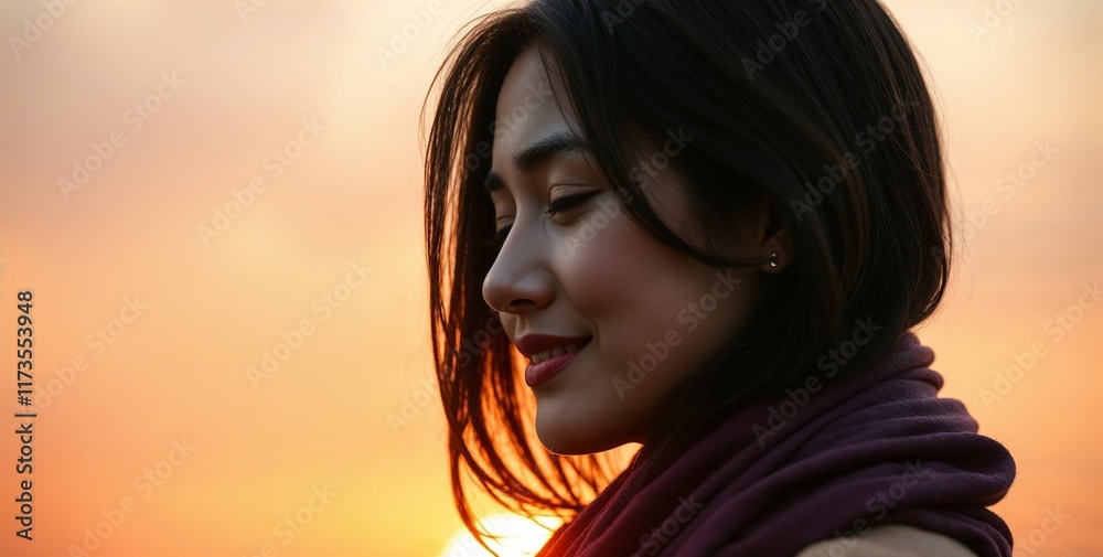 Sunset Silhouette of Woman with Short Hair

