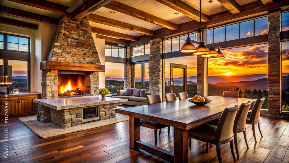 Silhouette of Modern Rustic Kitchen with Reclaimed Wood Beams, Stone Fireplace, and Large Wooden Dining Table Silhouette of Modern Rustic Kitchen with Reclaimed Wood Beams, Stone Fireplace, and Large Wooden Dining Table