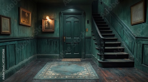 Dark teal hallway with antique wooden staircase, door, and wall paneling. photo