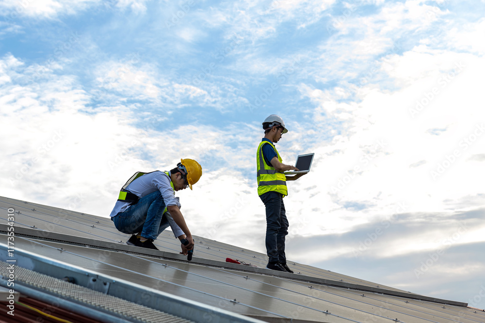Engineer service check installation solar cell on the roof of factory. Silhouette technician inspection and repair solar cell on the roof of factory. Technology solar energy renewable. Engineer service check installation solar cell on the roof of factory. Silhouette technician inspection and repair solar cell on the roof of factory. Technology solar energy renewable.