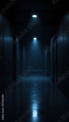 An AI-themed corridor with dim lighting and reflective flooring, suggesting advanced technology or surveillance within a secure environment.