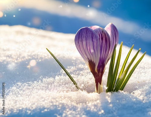 spring crocus flower bud in the snow easter background photo