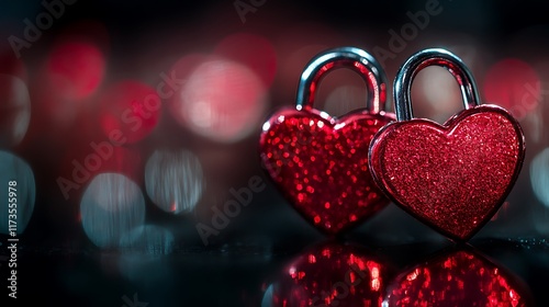 Two metallic red heart padlocks arranged on a smooth black surface, with intricate details and reflections making the image vivid and lifelike, captured in ultra-HD. photo