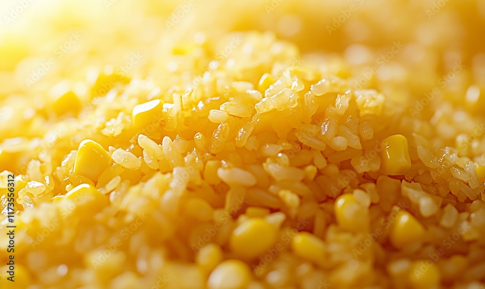 Golden corn fried rice, close-up, food photography, kitchen background, recipe Golden corn fried rice, close-up, food photography, kitchen background, recipe