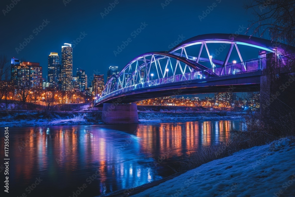 Stunning night view of a colorful bridge with city lights reflecting in calm water, creating a serene winter landscape perfect for urban photography enthusiasts. Stunning night view of a colorful bridge with city lights reflecting in calm water, creating a serene winter landscape perfect for urban photography enthusiasts.