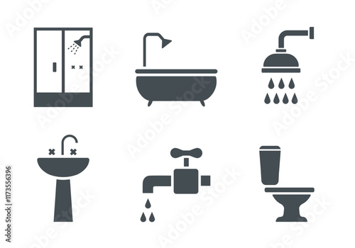 Bathroom icon set. Flat vector illustration. White background.