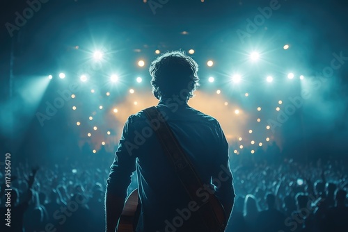 A man with a guitar slung on his back turning to walk toward a glowing stage, with a cheering crowd and dramatic spotlights behind him,copy space background