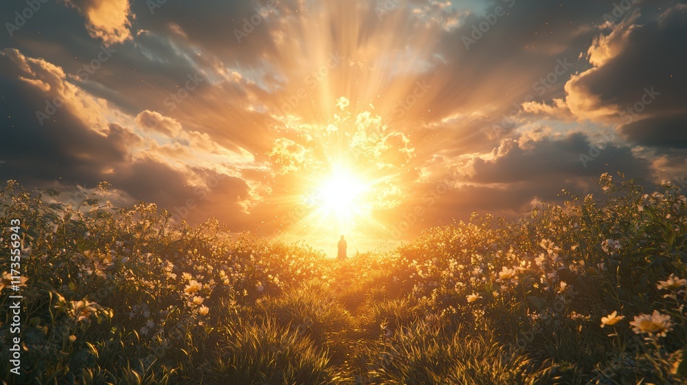 Obraz premium Golden Hour Serenity: A Solitary Figure Bathed in Sunset's Embrace Amidst a Field of Blossoms