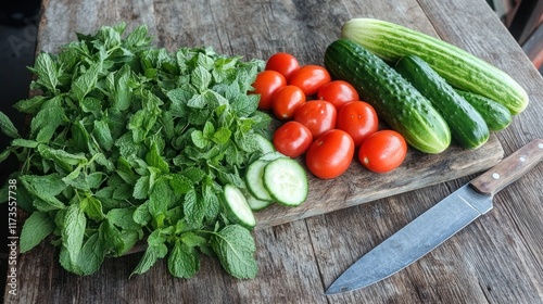 Fresh herbs, cucumbers, and tomatoes on a rustic wooden board. photo