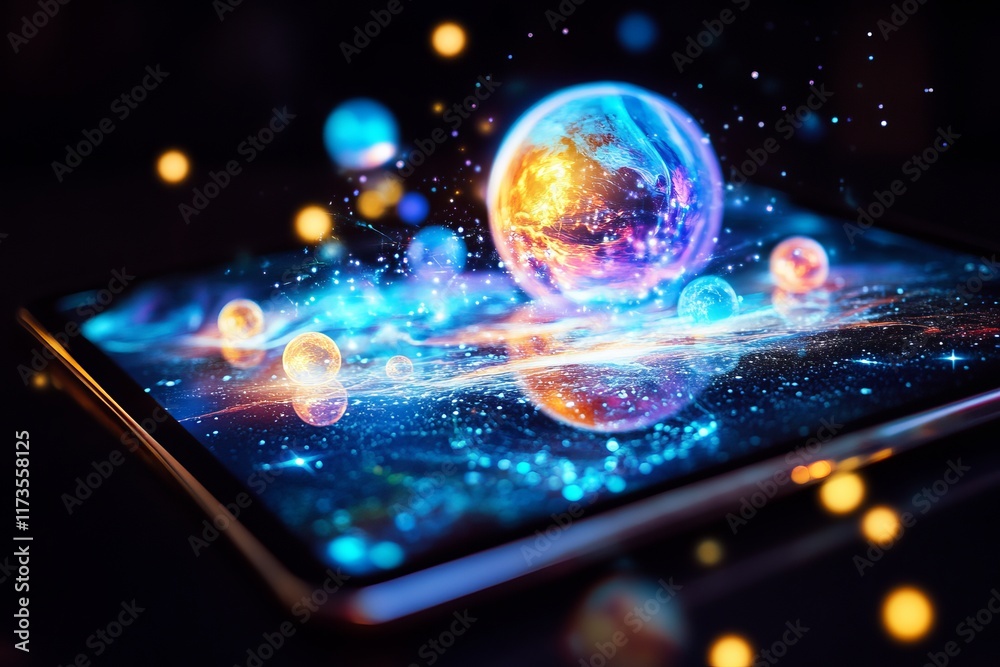 A tablet with a blue and yellow planet on it. The planet is surrounded by many other planets A tablet with a blue and yellow planet on it. The planet is surrounded by many other planets