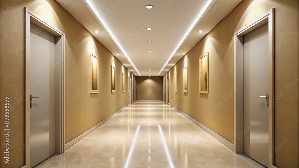 Sleek Beige Corridor with Blank Panoramic Frame - Modern Minimalist Interior Architecture Sleek Beige Corridor with Blank Panoramic Frame - Modern Minimalist Interior Architecture