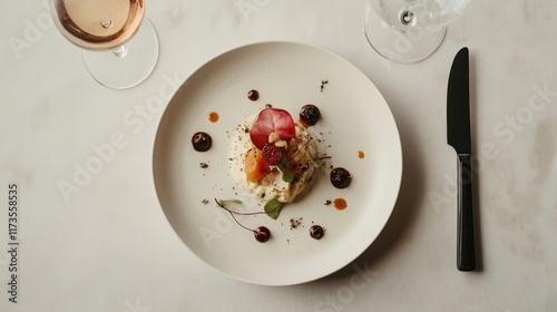 White table with exquisite culinary creation on minimalist plate photo