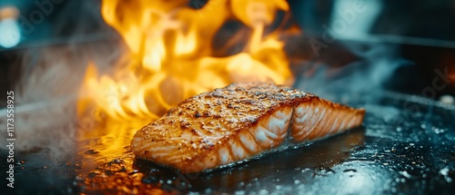 Grilled salmon fillet sizzling on a hot plate, flames in background, restaurant food photo