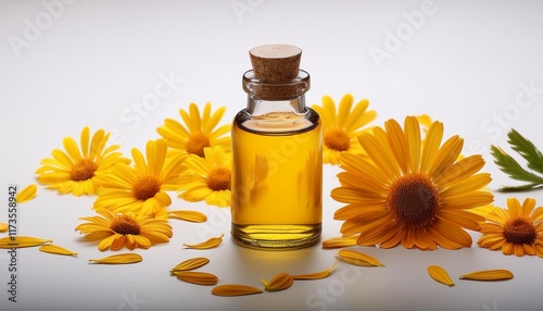 a minimalist scene featuring a bottle of arnica oil centered on a white background with a few scattered arnica flowers and loose petals photo