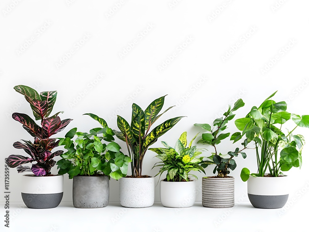 Fototapeta premium A Row of Beautifully Potted Indoor Plants in Glossy Black Pots on a White Background, Perfect for Modern Home and Office Decor Ideas