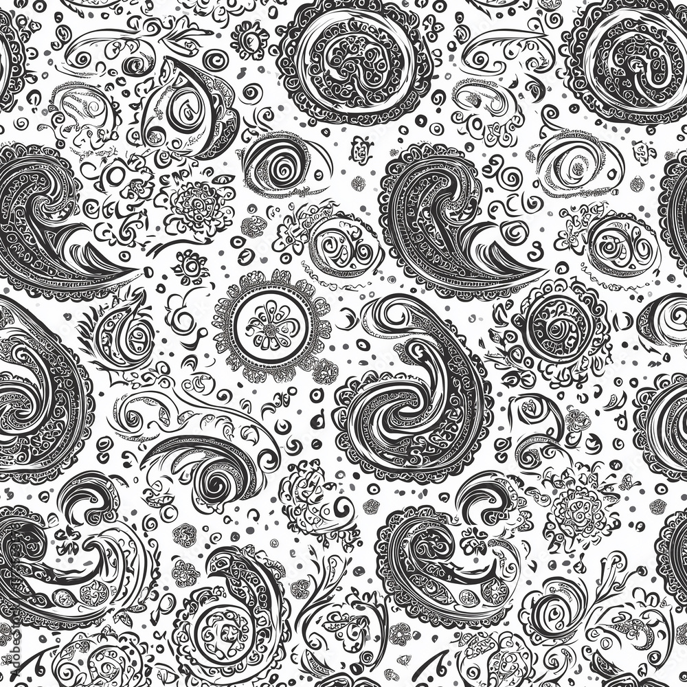 Obraz premium Intricate black and white paisley pattern with swirling designs and detailed motifs on a white background.