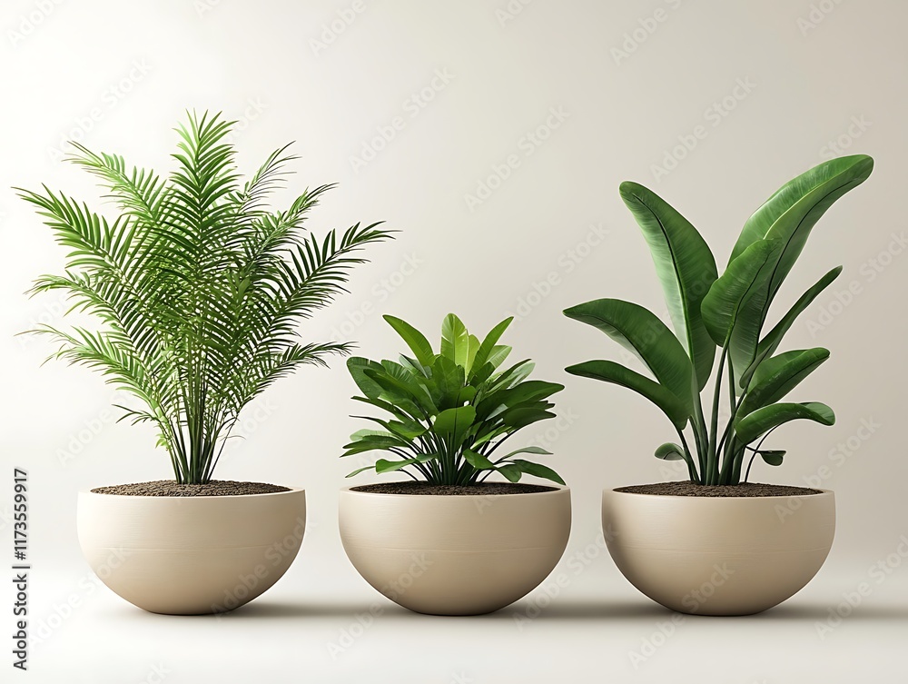 Fototapeta premium A Row of Beautifully Potted Indoor Plants in Glossy Black Pots on a White Background, Perfect for Modern Home and Office Decor Ideas