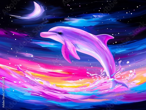 Pink dolphin leaps from vibrant ocean waves under a crescent moon and starry sky. photo