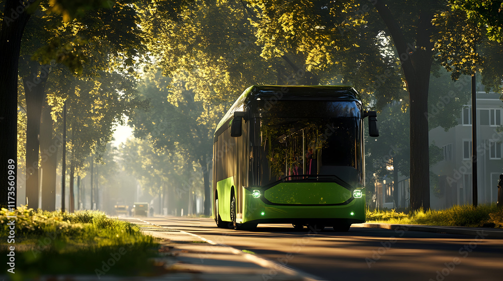 Obraz premium Eco-Friendly Electric Bus Driving Through a Scenic Tree-Lined Street