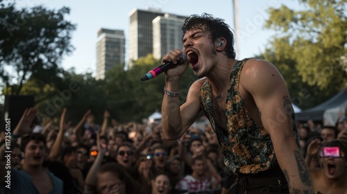 A passionate singer enthralls a massive crowd at a vibrant summer music festival, with energy and music filling the air under a bright sky. photo
