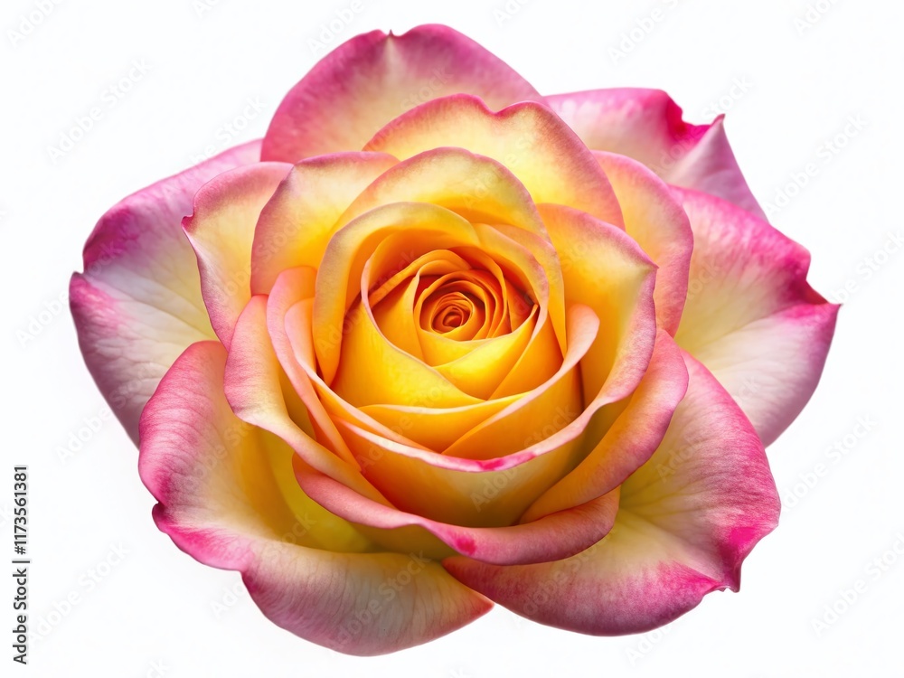 Soft Pink Rose with Yellow Edges, Top View, Isolated White Background - Stock Photo Soft Pink Rose with Yellow Edges, Top View, Isolated White Background - Stock Photo
