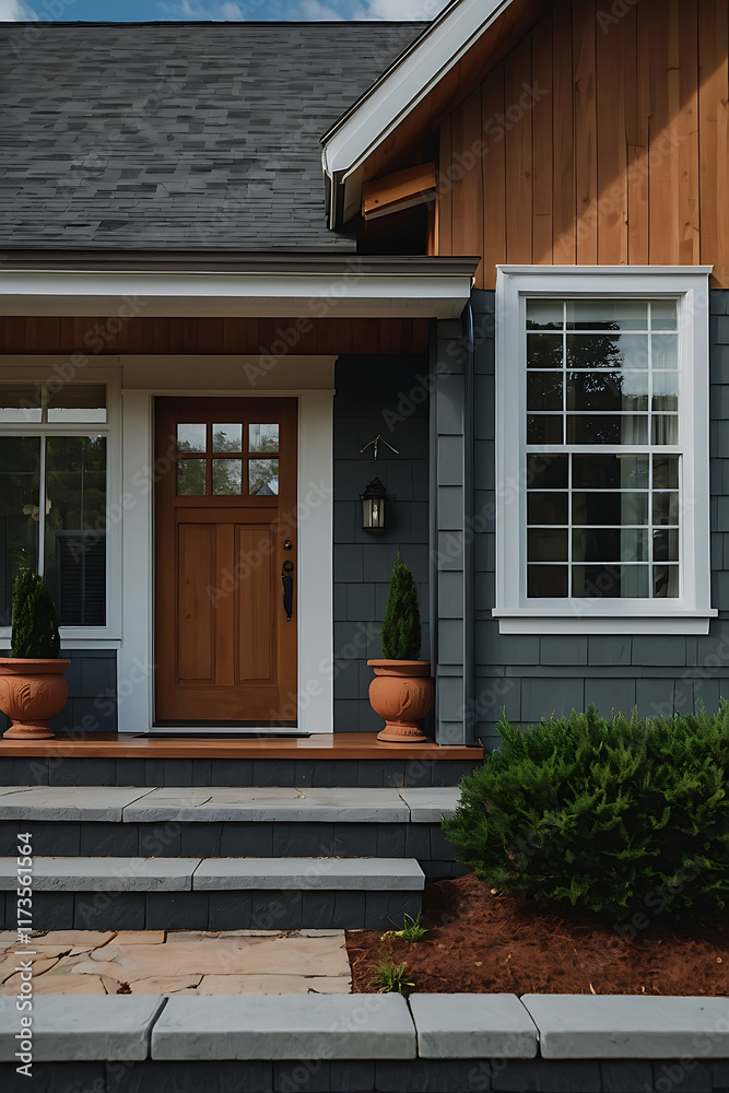 A house's front entrance with gray siding, wood accents, a brown door, and a three-step stone stoop. Planters flank the door, and landscaping is visible. A house's front entrance with gray siding, wood accents, a brown door, and a three-step stone stoop. Planters flank the door, and landscaping is visible.