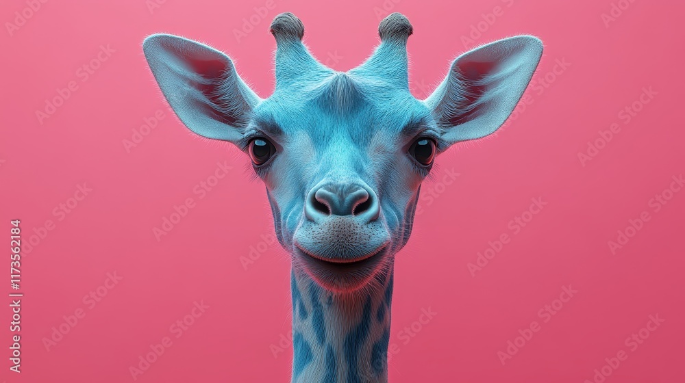 A giraffe with a blue face is staring at the camera A giraffe with a blue face is staring at the camera