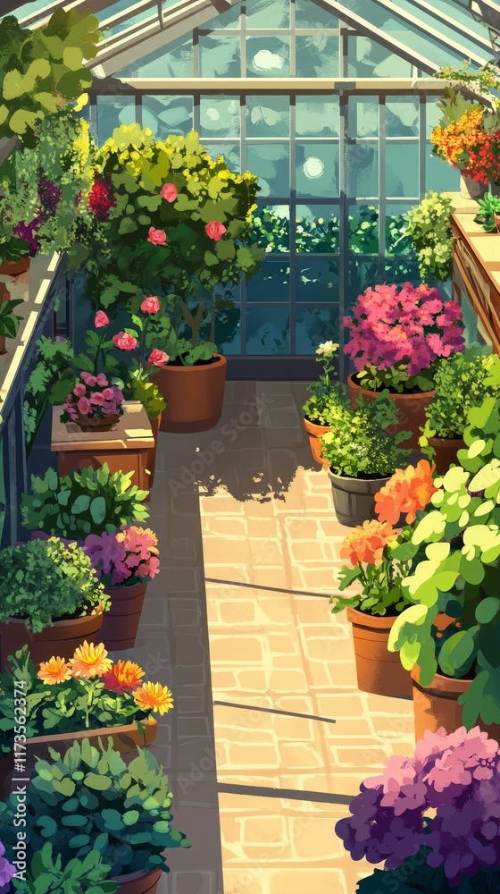 Naklejka premium Sunlit greenhouse filled with colorful potted plants, showcasing a tranquil and vibrant botanical environment.