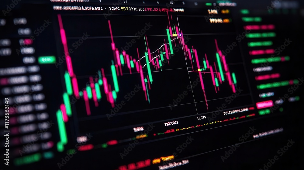 Obraz premium Forecast screen for growth stocks, indicating high and low volatility areas, bright visuals