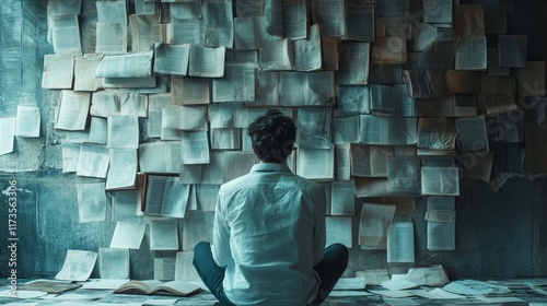A man sits in a room with a wall full of papers