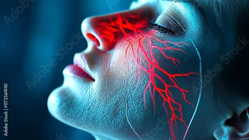 A vibrant anatomical depiction of the trigeminal nerve pathways on a realistic face model, with pain highlighted in red near the forehead and informational graphics on neuralgia tr photo