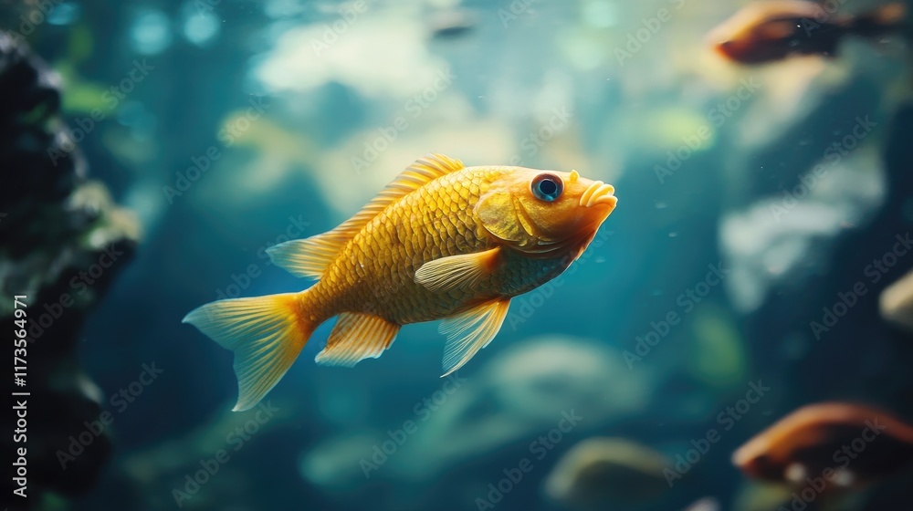Naklejka premium A vibrant goldfish swimming gracefully in a serene aquatic environment.