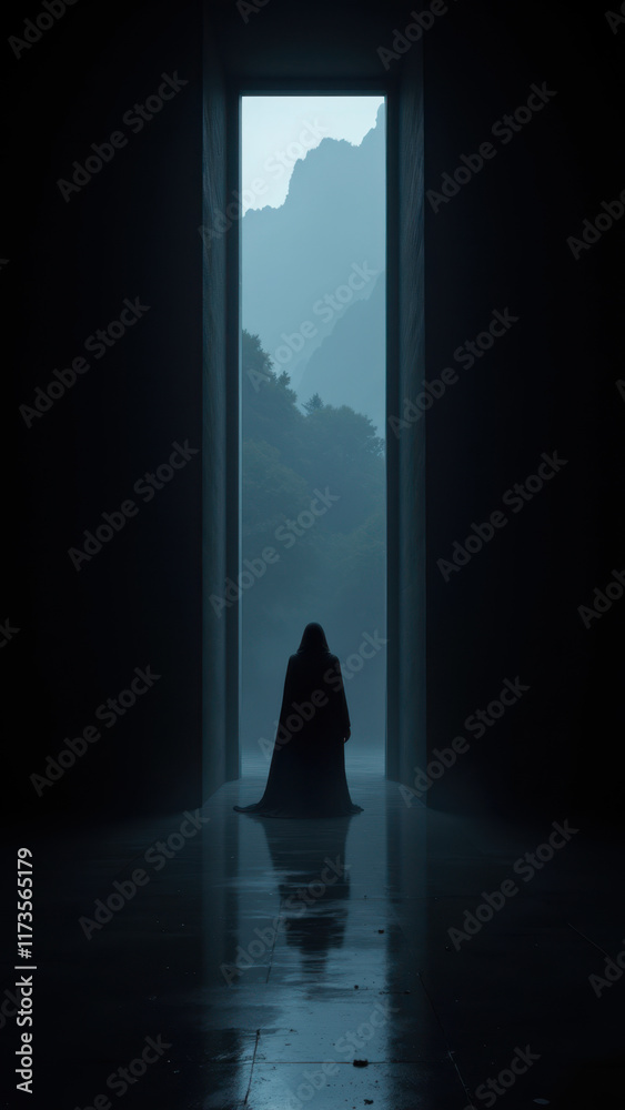 Fototapeta premium A lone figure stands at the entrance to an unknown realm with a mysterious, futuristic vibe.