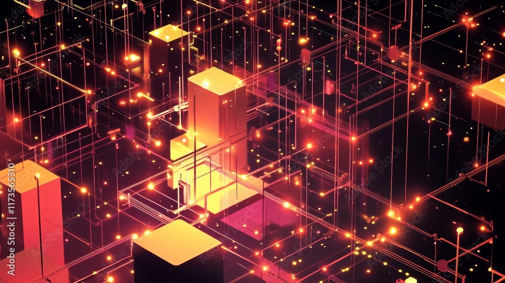 Obraz premium Explore a vibrant isometric design showcasing an abstract network structure with glowing data connections in a 3D space.