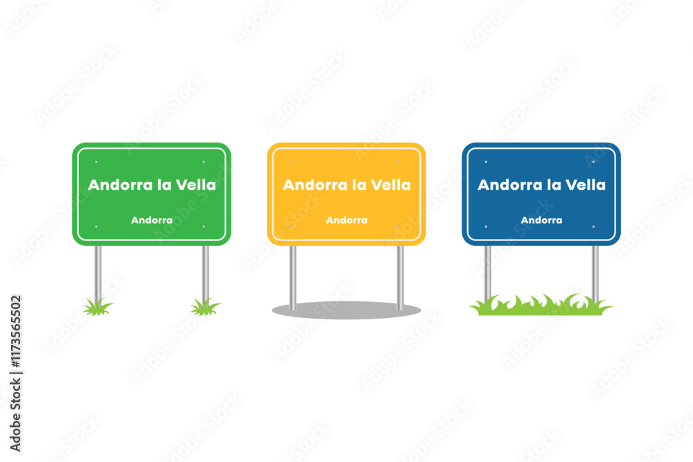 Andorra la Vella city, road sign. Welcome to Andorra. Andorra la Vella city entering signpost. Billboard on the road. Vector illustration
