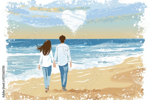 A young couple in love, painted in watercolor, walks along the seashore. the concept of Valentine's day. a place to copy