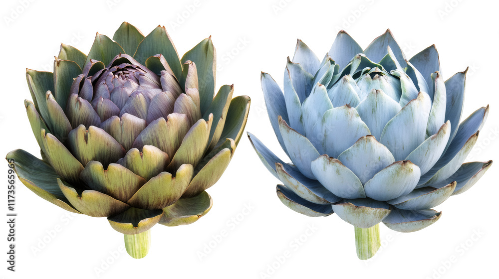 Fototapeta premium Two artichokes showing different stages of ripeness with transparent background
