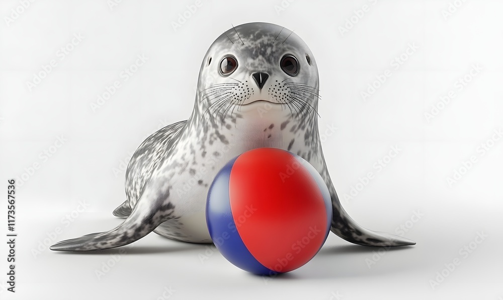 Fototapeta premium Seal pup with a colorful beach ball on a white background.