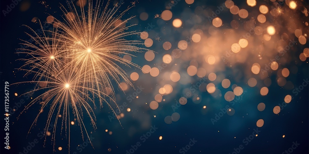 Fototapeta premium Golden Fireworks: A breathtaking display of golden fireworks illuminates the night sky, creating a magical and celebratory atmosphere. The bokeh effect adds a touch of wonder and enchantment.Christmas