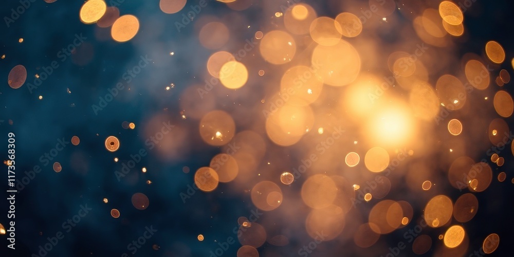 Obraz premium Golden Bokeh Lights: Abstract background image of warm golden bokeh lights on a dark blue background. Perfect for adding a touch of magic to your designs. new year, Diwali festival 
